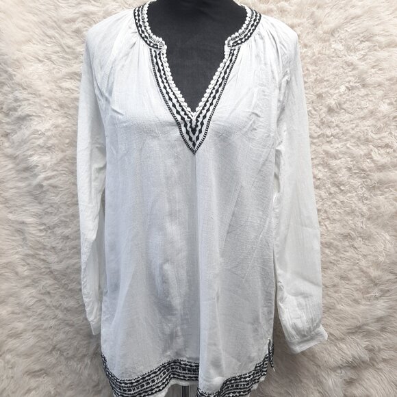 J. Crew Women's 100% Cotton White Gauzy Cotton Black Silver Embroidered Blouse M - Picture 1 of 8